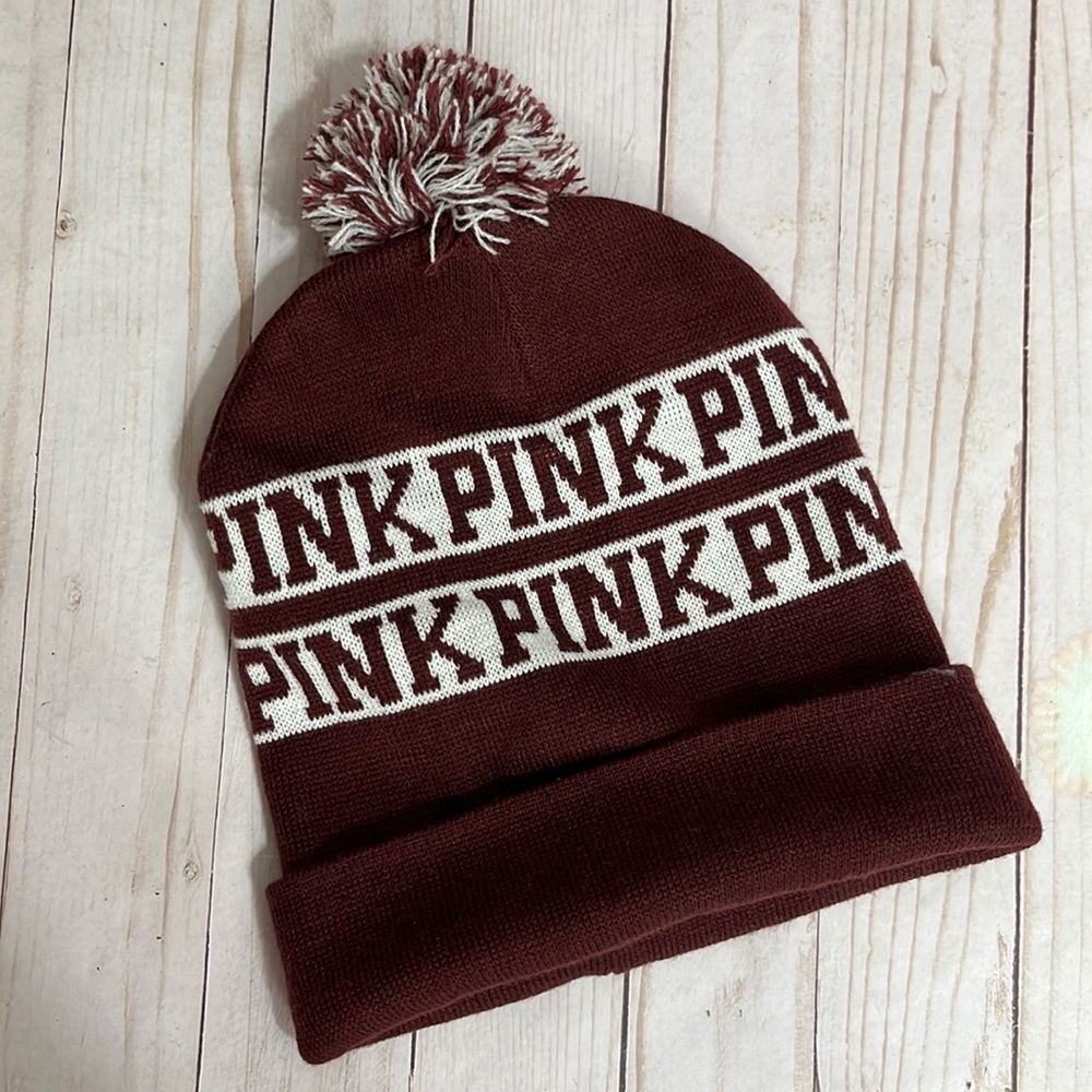 PINK Victoria’s Secret PINK Maroon and White Pom Pom Beanie